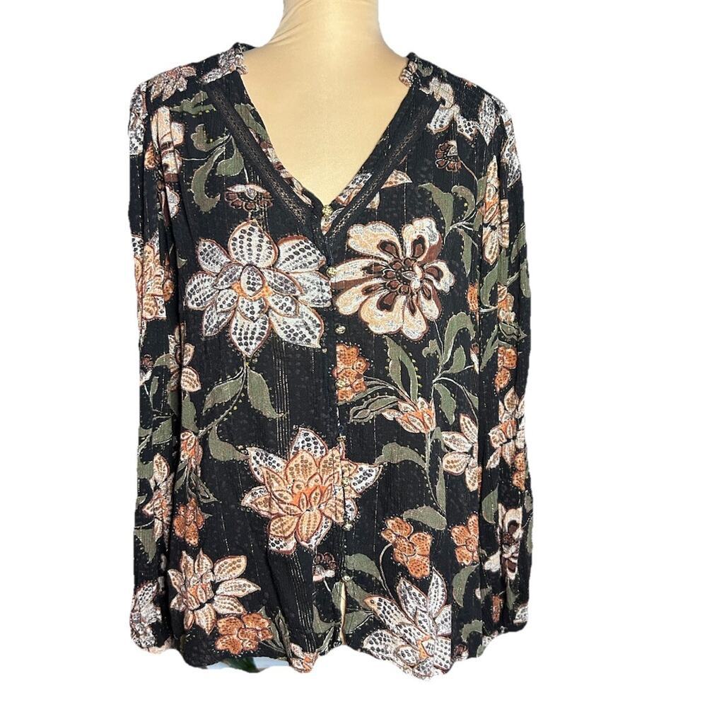Torrid Women's Sz 00 Long Sleeve Floral Flowy Blouse Lace Earthy Boho Whimsygoth